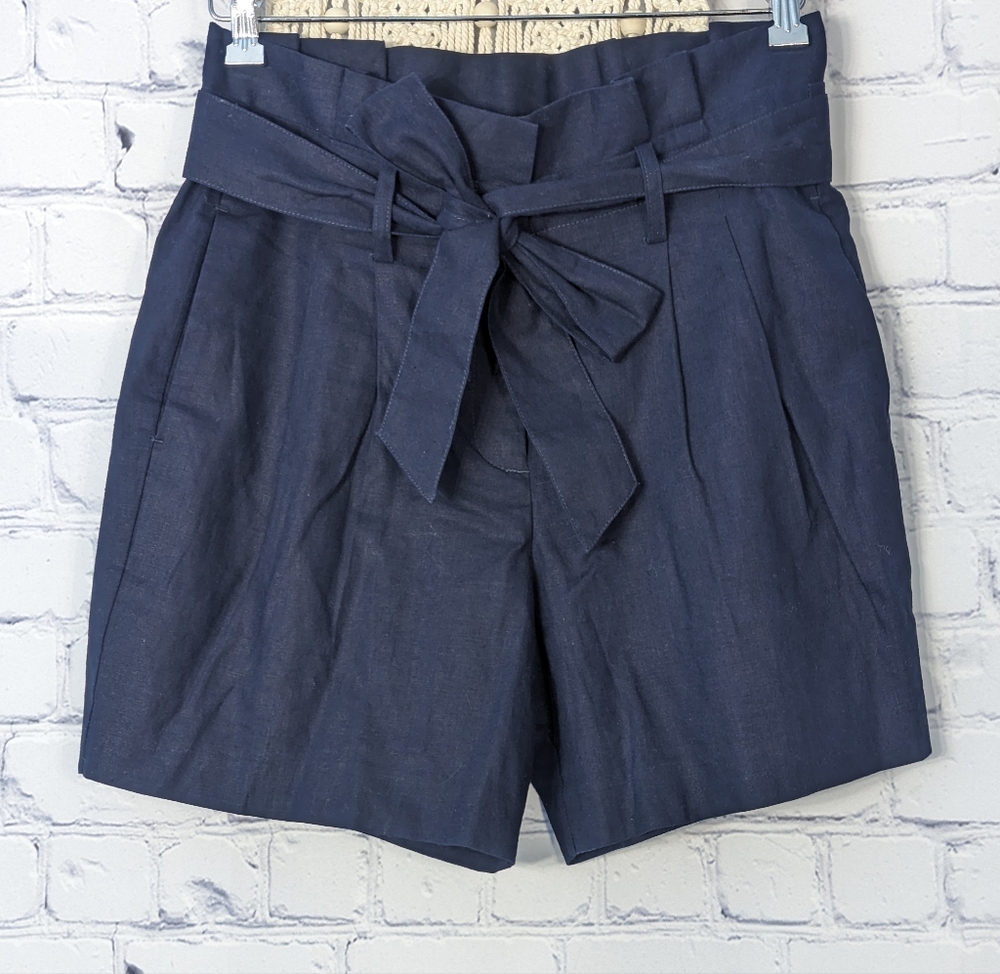 Boden Navy High-Waist Tie Linen Blend Shorts
